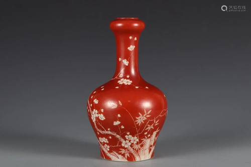 A CORAL RED GLAZED 'PLUM BLOSSOM' GARLIC-HEAD VASE