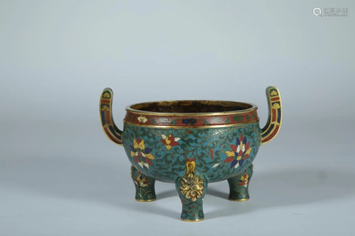 A CLOISONNE ENAMELED TRIPOT CENSER