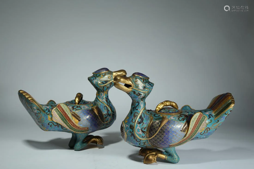 A PAIR OF CLOISONNE ENAMELED DUCKS