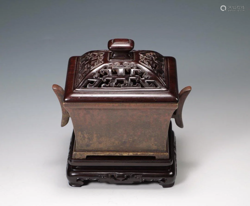 A BRONZE MANGER CENSER& WOODEN LID AND STAND