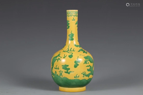 A JAUNE GROUND LONG NECK PORCELAIN VASE