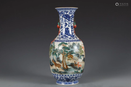 A BLUE & WHITE FAMILLE ROSE 'LANDSCAPE' VASE