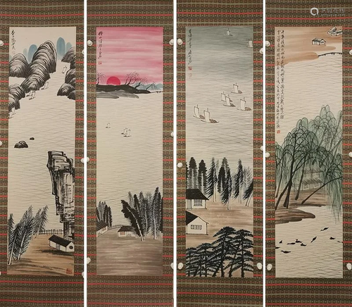 A FOUR-PANEL PAINTING OF LANDSCAPE, QI BAISHI