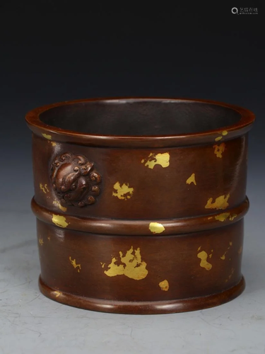 A GOLD SPLASHED LION-EAR CYLINDRICAL BRONZE CENSER