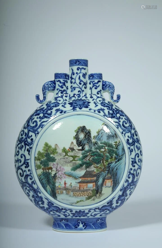 A BLUE AND WHITE 'LANDSCAPE' MOONFLASK VASE