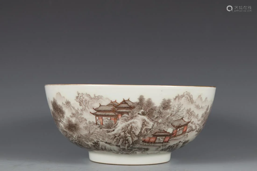 AN INK GLAZED 'INSCRIPTIONS & LANDSCAPE' BOWL