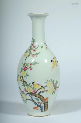 A FAMILLE ROSE GLAZED 'BIRD & FLOWER' VASE