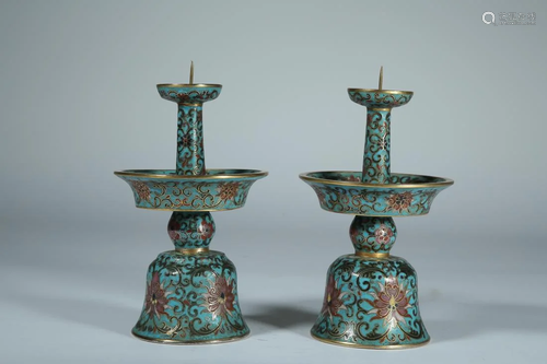 A PAIR OF CLOISONNE ENAMELED CANDLESTICKS