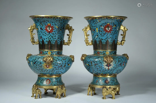 A PAIR OF CLOISONNE ENAMELED TRIPOT GU VASES