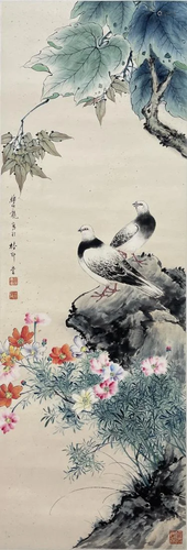 HANGING SCROLL PAINTING OF TWO DOVES, YAN BOLONG