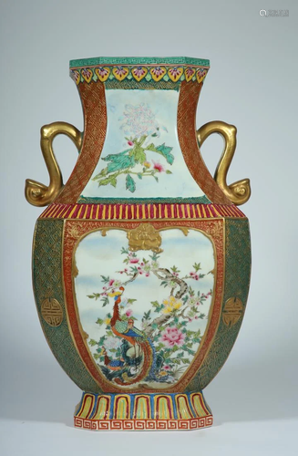 AN IMITATION LACQUERED FAMILLE ROSE VASE