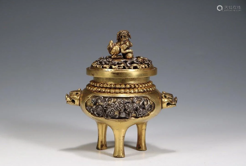 A GILT SILVER 'LION' NOB BRONZE CENSER