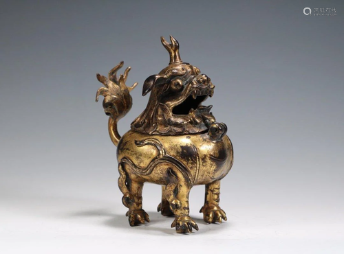 A GILT BRONZE MYSTICAL BEAST INCENSE BURNER