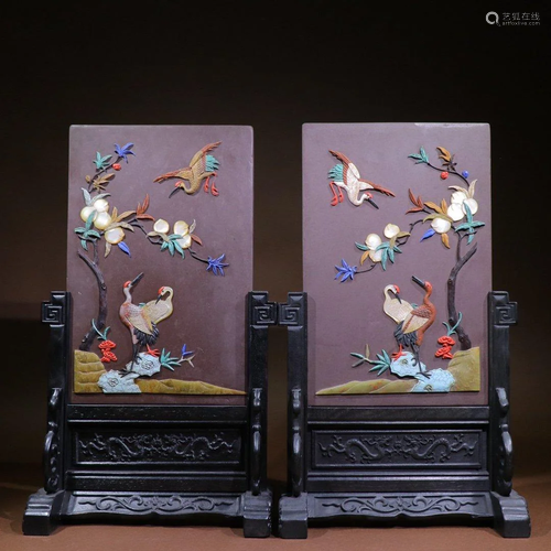 A PAIR OF GEMSTONE INLAID DUAN STONE TABLE SCREENS