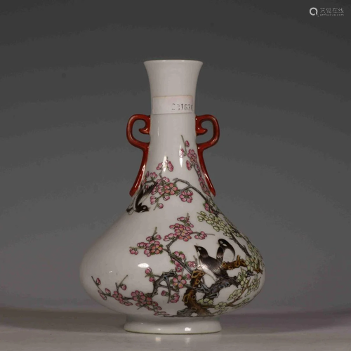 A FAMILLE ROSE DOUBLE-EAR PORCELAIN VASE