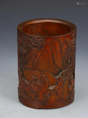 A SCHOLARS RELIEFS BAMBOO BRUSH POT