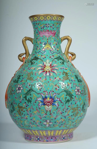 A FAMILLE ROSE DOUBLE-EAR ZUN VASE