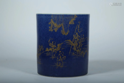 AN ALTAR BLUE GLAZED GOLD-PAINTED BRUSH POT