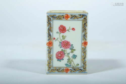 A FAMILLE ROSE FLORAL SQUARE BRUSH POT