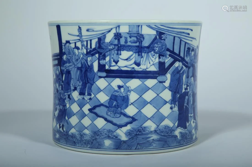 A BLUE AND WHITE 'NARRATIVES' BRUSH POT