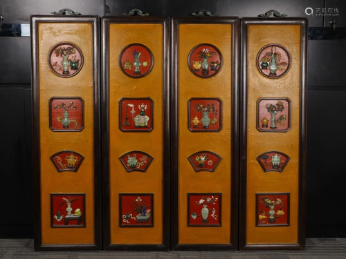 A FOUR-PANEL GEMSTONE INLAID HARDWOOD SCREENS