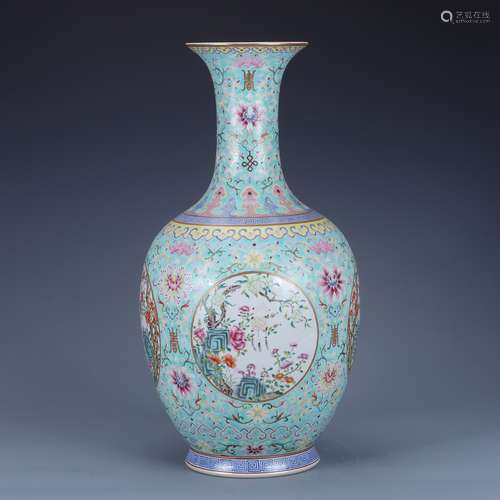 A TURQUOISE-GROUND FAMILLE ROSE FLORAL VASE