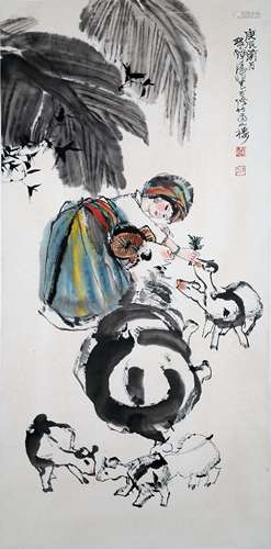 A CHINESE RAMS AND FIGURES PAINTING SCROLL, CHENG SHIFA MARK