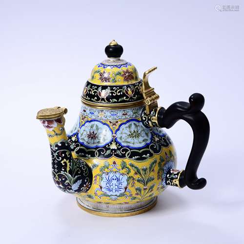 A Gilt Enamel Bronze Floral Ewer With Wood Handle