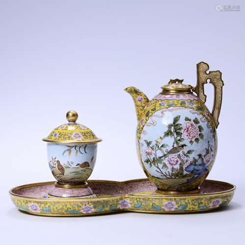 A Set Of Gilt Yellow-Ground Bronze Enamel Flowers And Birds ...