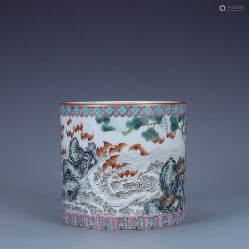 A FAMILLE ROSE SEAWATER AND BATS BRUSH POT