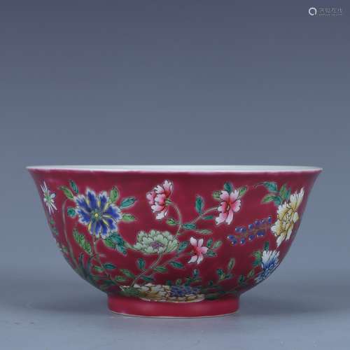 A ROUGE-RED FAMILLE ROSE FLORAL BOWL