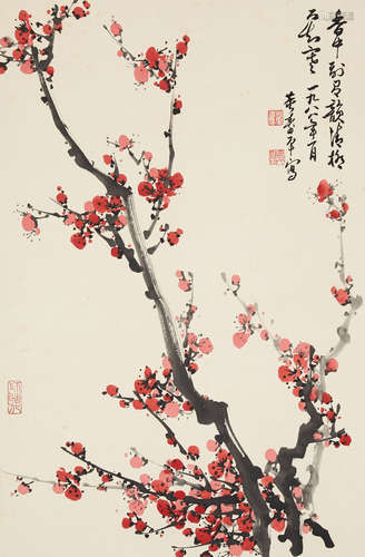 A CHINESE RED PLUM BLOSSOM PAINTING SCROLL, DONG SHOUPING MA...