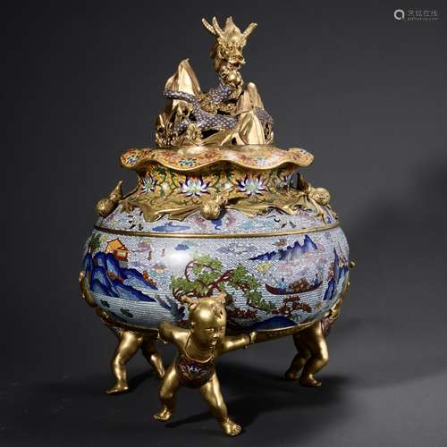 A Gilt Cloisonne Enamel Landscape Children-Legged Tripod Cen...