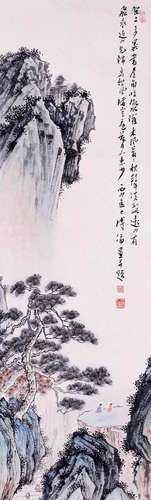 A CHINESE LANDSCAPE PAINTING SCROLL, MOUNTED, PU RU MARK