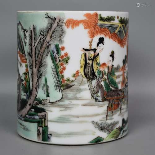 A WUCAI FIGURES BIRTHDAY BRUSH POT