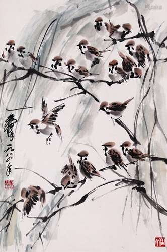 A CHINESE SPARROWS PAINTING SCROLL, HUANG ZHOU MARK