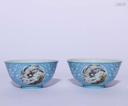 A Pair Of Blue-Ground Butterfly Floral Bowls