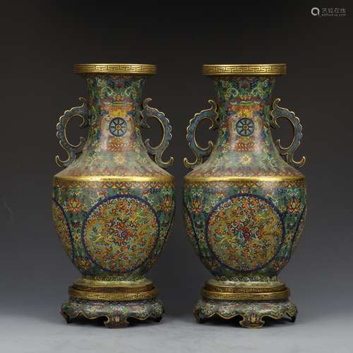 A Pair Of Cloisonne Enamel Dragons Playing Double-Eared Vase...