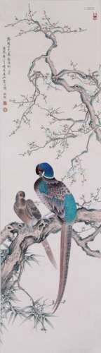 A CHINESE BIRDS PAINGTING SCROLL, YU FEIAN MARK