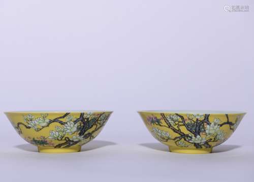 A Pair Of Yellow-Ground Magnolia And Plum Blossom Inscribed ...