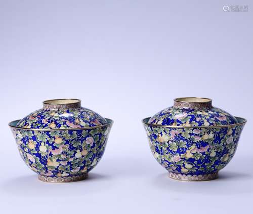 A Pair Of Enamel Bronze Lotus Floral Bowl And Cover