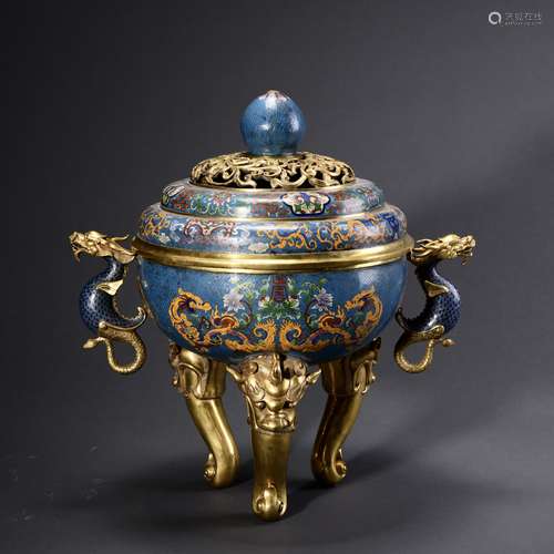 A Gilt Cloisonne Enamel Dragon And Fish Double-Eared Tripod ...