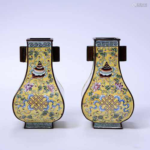 A Pair Of Enamel Bronze Eight Treasures Square Vases