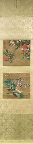 A CHINESE FLOWERS AND BIRDS PAINTING SILK SCROLL, MA SHIFENG...