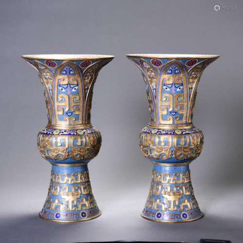 A Pair Of Gilt Cloisonne Enamel Beast Beaker Vases