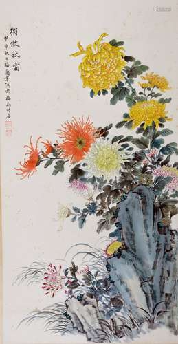 A CHINESE CHRYSANTHEMUM AND STONE PAINTING SCROLL, MEI LANFA...