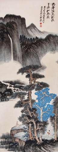 A CHINESE PINE AND WATERFALL PAINTING SCROLL, ZHANG DAQIAN M...