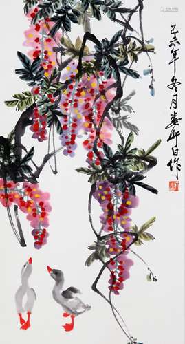 A CHINESE PLANTS AND DUCKS PAINTING SCROLL, LOU SHIBAI MARK