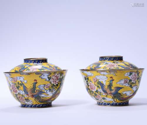 A Pair Of Enamel Bronze Phoenix Bowls And Covers