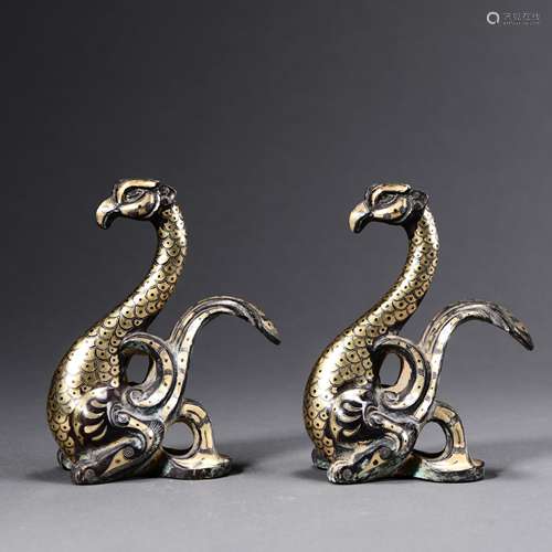 A Pair Of Silver And Gold Inlaying Phoenix Ornaments